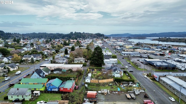 drone / aerial view with a water and mountain view