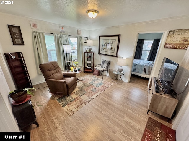 living area with crown molding, a textured ceiling, and light hardwood / wood-style flooring