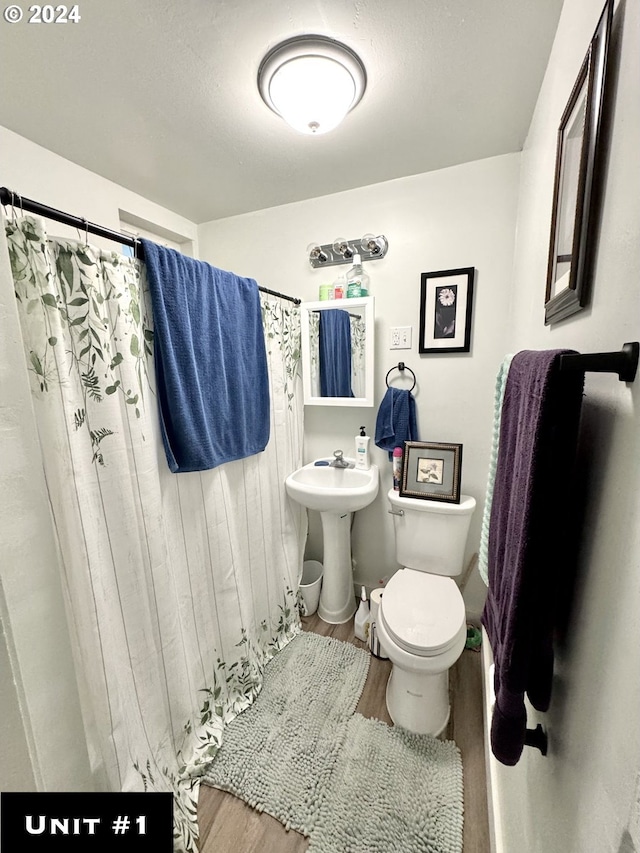 bathroom featuring toilet, sink, a shower with shower curtain, and hardwood / wood-style floors