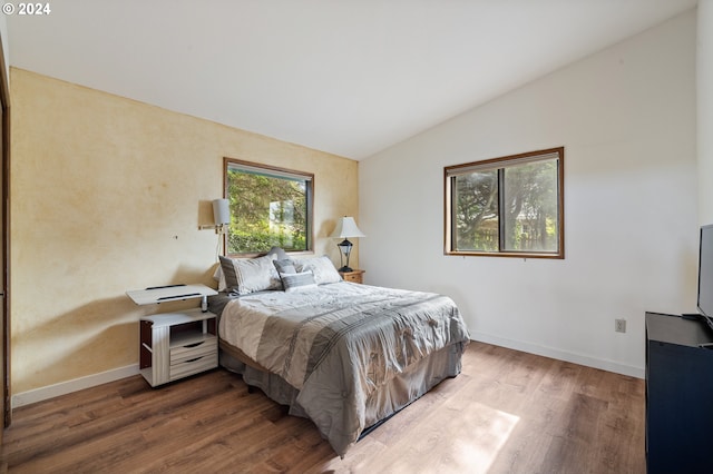 bedroom with lofted ceiling, multiple windows, and wood-type flooring