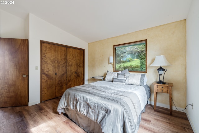 bedroom with hardwood / wood-style floors and vaulted ceiling