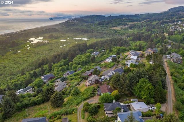 aerial view at dusk with a water view