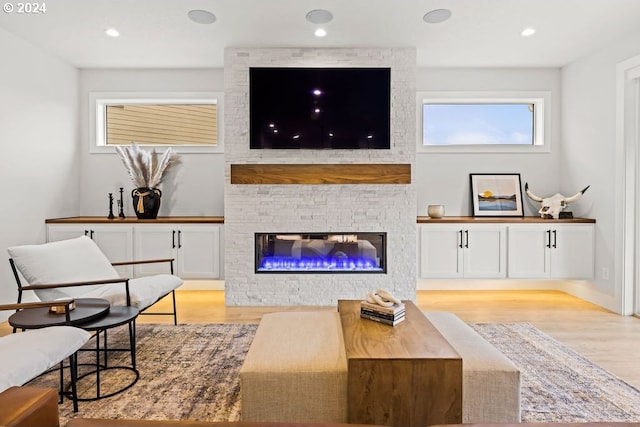 living room featuring light hardwood / wood-style floors and a fireplace