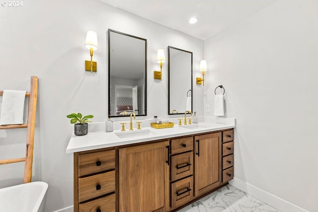 bathroom featuring a bathtub, tile flooring, and double sink vanity