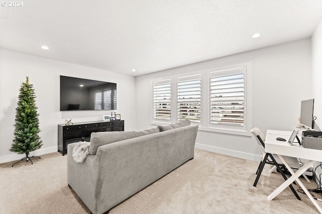 carpeted living room featuring a textured ceiling