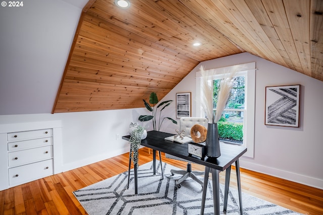 office area with wooden ceiling, lofted ceiling, and hardwood / wood-style flooring