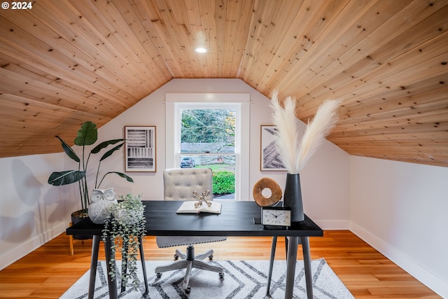 office space featuring wooden ceiling and light hardwood / wood-style flooring