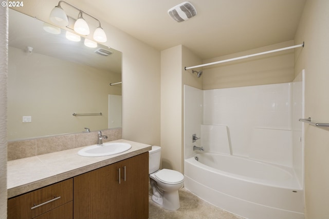 bathroom with visible vents, shower / washtub combination, toilet, and vanity