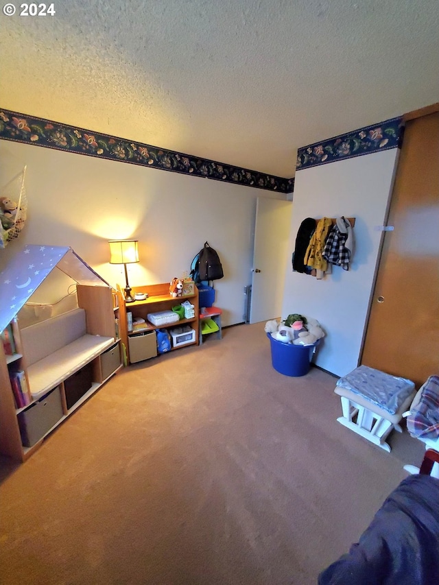 playroom featuring a textured ceiling and carpet flooring