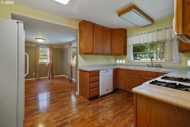 kitchen with sink, white appliances, and dark hardwood / wood-style floors