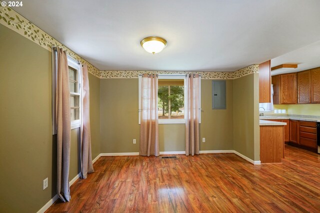 kitchen featuring dark hardwood / wood-style floors, stove, and electric panel