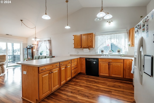 kitchen featuring decorative light fixtures, black dishwasher, sink, white fridge with ice dispenser, and kitchen peninsula