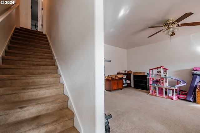 stairway featuring carpet and ceiling fan