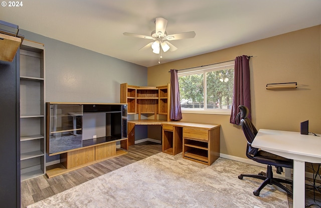 home office featuring ceiling fan and wood-type flooring