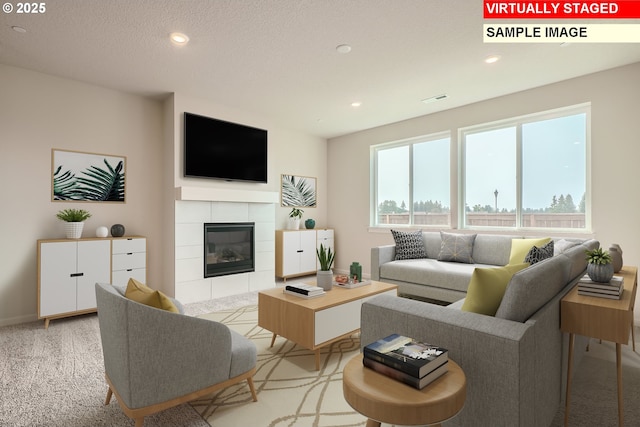 living room with baseboards, visible vents, a tiled fireplace, a textured ceiling, and recessed lighting