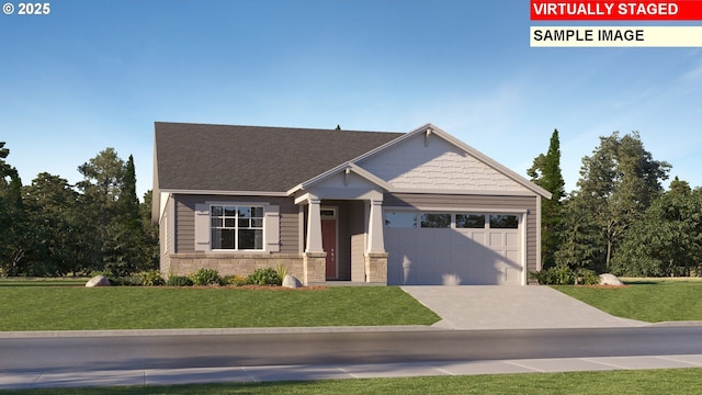 craftsman-style house with stone siding, an attached garage, a front lawn, and concrete driveway