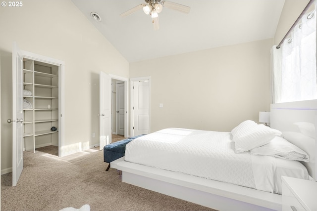 carpeted bedroom featuring ceiling fan, a walk in closet, high vaulted ceiling, and a closet