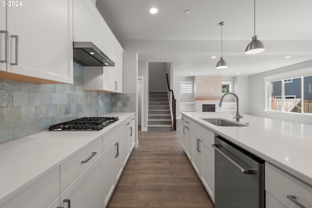 kitchen with stainless steel appliances, white cabinetry, dark hardwood / wood-style floors, and sink