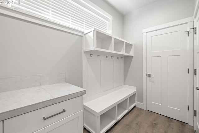 mudroom with light hardwood / wood-style flooring