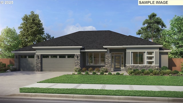 view of front of house featuring concrete driveway, an attached garage, fence, stone siding, and a front lawn