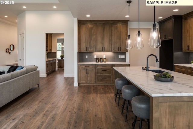 kitchen featuring open floor plan, a sink, an island with sink, and light stone countertops