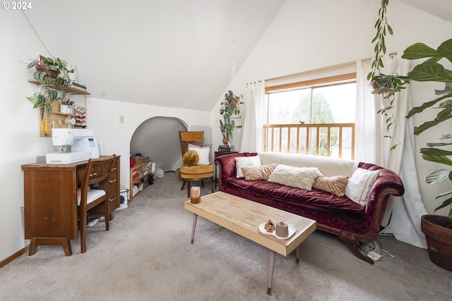 carpeted living room featuring lofted ceiling