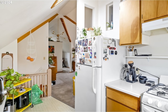 kitchen featuring lofted ceiling, light colored carpet, and white appliances