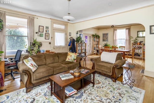 living room featuring light hardwood / wood-style floors and ornamental molding