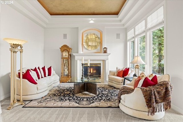 carpeted living room with a raised ceiling and a fireplace