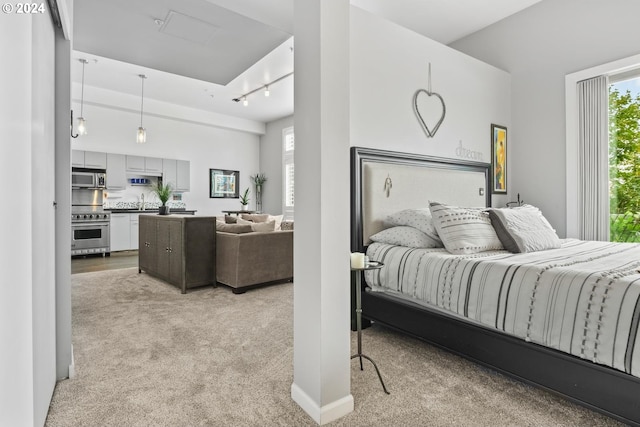 carpeted bedroom with rail lighting