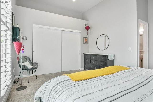 bedroom with a closet and light carpet