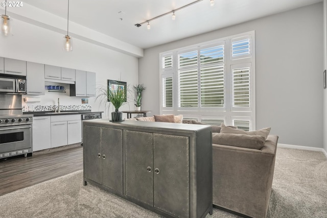 kitchen with gray cabinets, stainless steel appliances, track lighting, carpet flooring, and sink