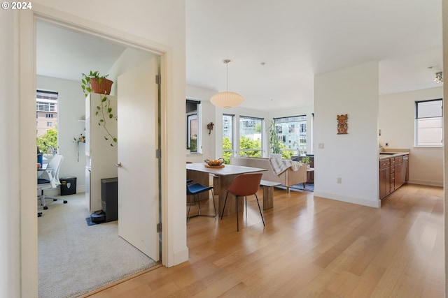 dining room featuring a wealth of natural light, breakfast area, and light hardwood / wood-style floors