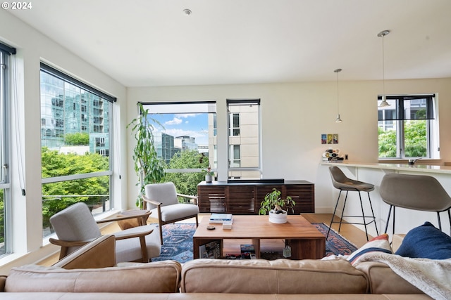 living room with plenty of natural light and wood-type flooring