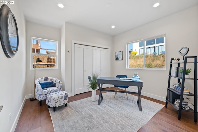 office with dark hardwood / wood-style floors