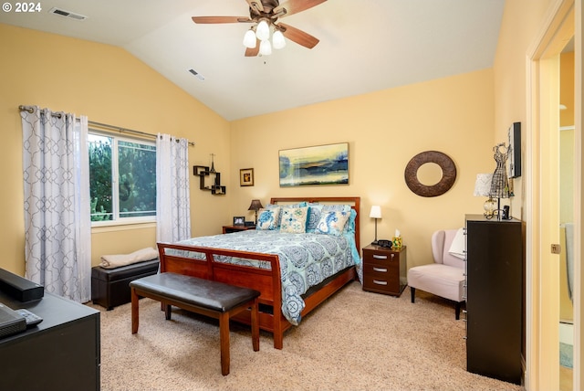 carpeted bedroom featuring lofted ceiling and ceiling fan