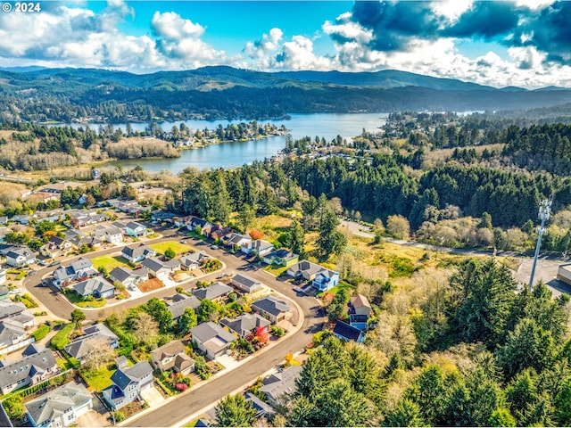 bird's eye view with a water and mountain view