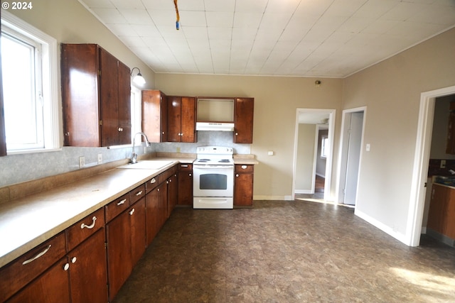 kitchen with extractor fan, electric stove, sink, and a wealth of natural light