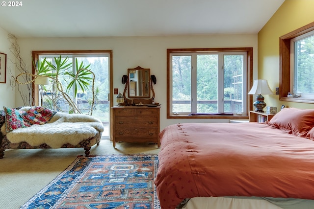 carpeted bedroom featuring vaulted ceiling