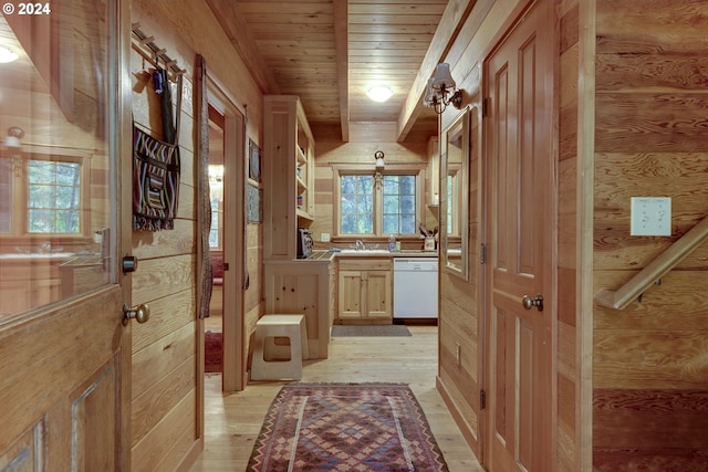 bathroom featuring wooden walls, oversized vanity, wood ceiling, and hardwood / wood-style floors