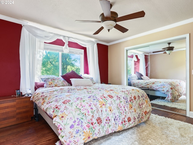 bedroom with dark wood-type flooring, a closet, ceiling fan, and ornamental molding