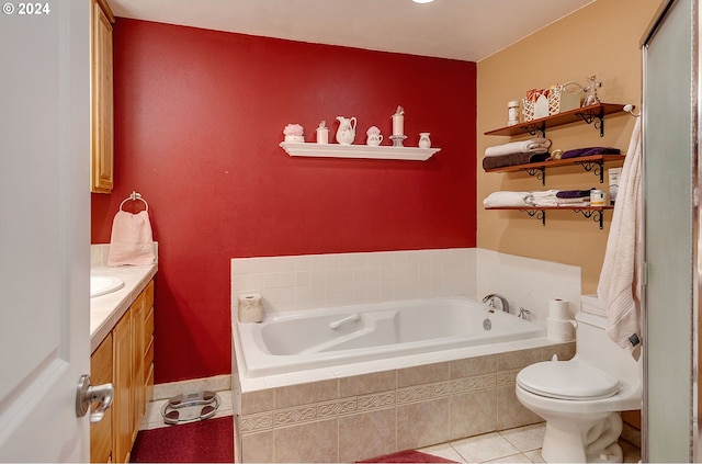 full bath with toilet, a bath, tile patterned flooring, and vanity