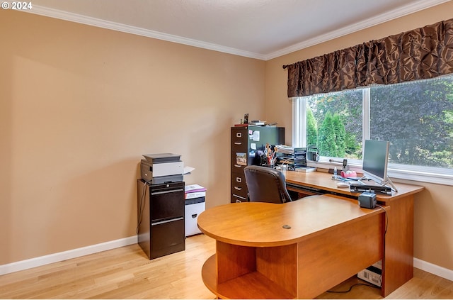 office area featuring light wood finished floors, baseboards, and ornamental molding