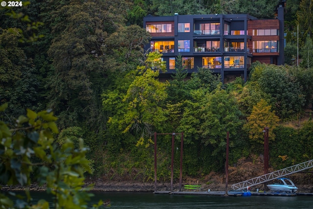 exterior space with a water view