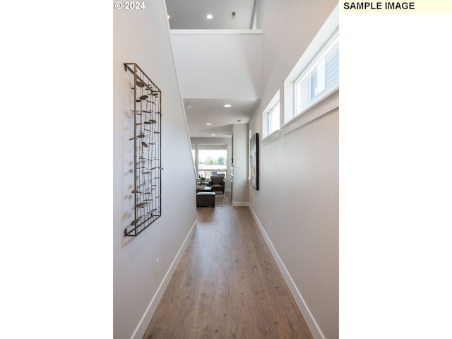 hall with hardwood / wood-style flooring and a high ceiling