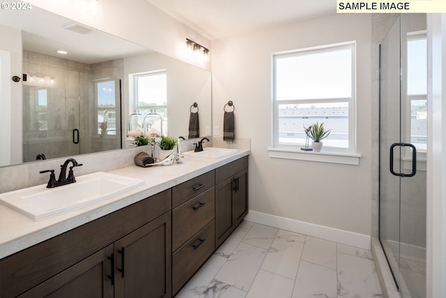 bathroom with vanity, a shower with shower door, and a wealth of natural light