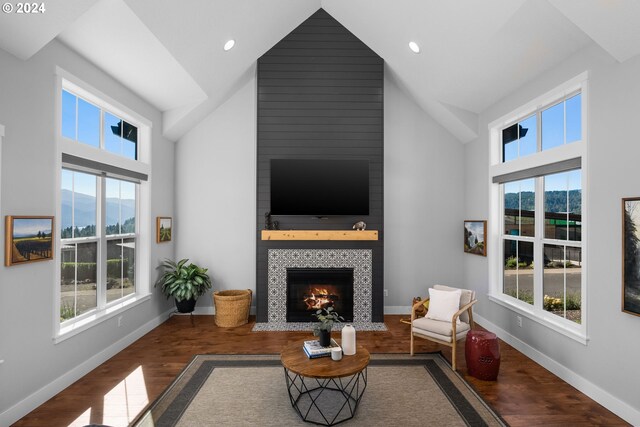 201 Sterling Blvd, White Salmon, WA 98672 - living room featuring wood finished floors, baseboards, high vaulted ceiling, a wealth of natural light, and a large fireplace
