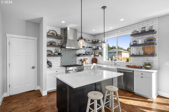 201 Sterling Blvd, White Salmon, WA 98672 - kitchen featuring open shelves, a sink, stainless steel dishwasher, wall chimney range hood, and stove