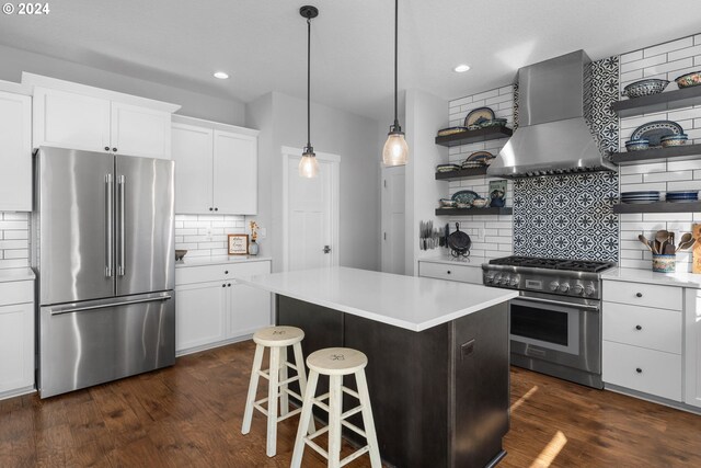 201 Sterling Blvd, White Salmon, WA 98672 - kitchen with open shelves, wall chimney exhaust hood, dark wood-style floors, and premium appliances