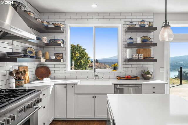 201 Sterling Blvd, White Salmon, WA 98672 - kitchen featuring open shelves, a sink, appliances with stainless steel finishes, wall chimney range hood, and a mountain view